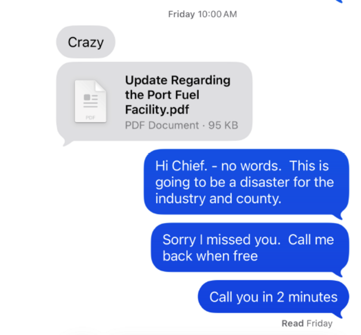 Jimmy Morales, then chief operating officer under Mayor Daniella Levine Cava, sent a text message to Hydi Webb, PortMiami’s then-director under the mayor, about Levine Cava’s rejection of a deal the two had helped negotiate to purchase a private fuel yard on Fisher Island that services the port. The Morales text is on the left, in gray, and the Webb text is on the right, in blue.